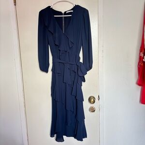 Alice + Olivia Blue Wrap Tie Front Cocktail Dress